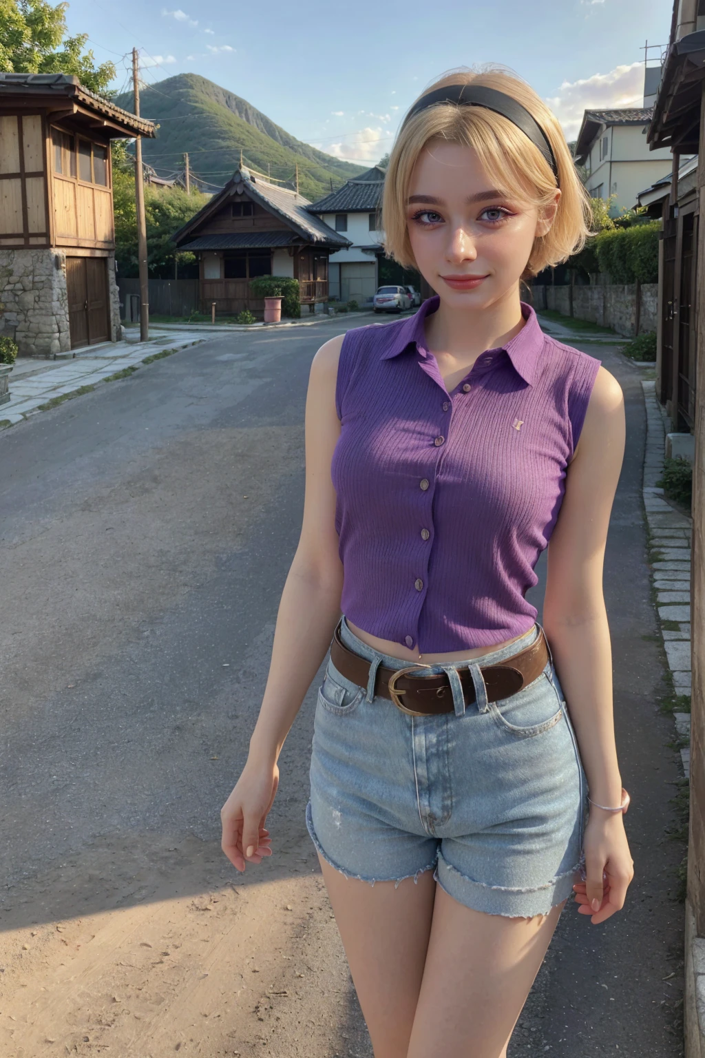 1 woman, adult woman, woman in her 30s, tarankaaa, NOT DASHA TARAN, full body standing, perfect body, best quality, 32k, photograph, full body (head to toe), tone mapping, ((houjou satoko,short hair,black hairband,blonde hair,violet eyes,hair between eyes,collared shirt,sleeveless shirt,pink shirt,shirt tucked in,mid sized breasts,belt,short shorts,blue shorts,white socks,pink footwear, athletic, big woman)), asian-european, ((golden blonde hair, short hair, purple eyes)) perfectly drawn hands, ((masterpiece)), ((highres)), ((detailed background)), japanese village background, next to a river, (big proportions), cute pose, beautiful smile, ((perfect eyes, detailed eyes, realistic eyes)), ((sharp face, detailed face, realistic face, natural skin, realistic skin, detailed skin, pores)), (real wider legs, truly wider arms)