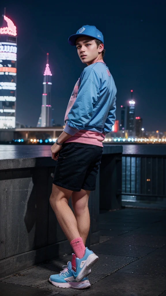 full body image, High quality, boy, Put on a cap., stand with back, The backdrop is a city of lights., Blue and pink tones, There is a lot of modernity., boy