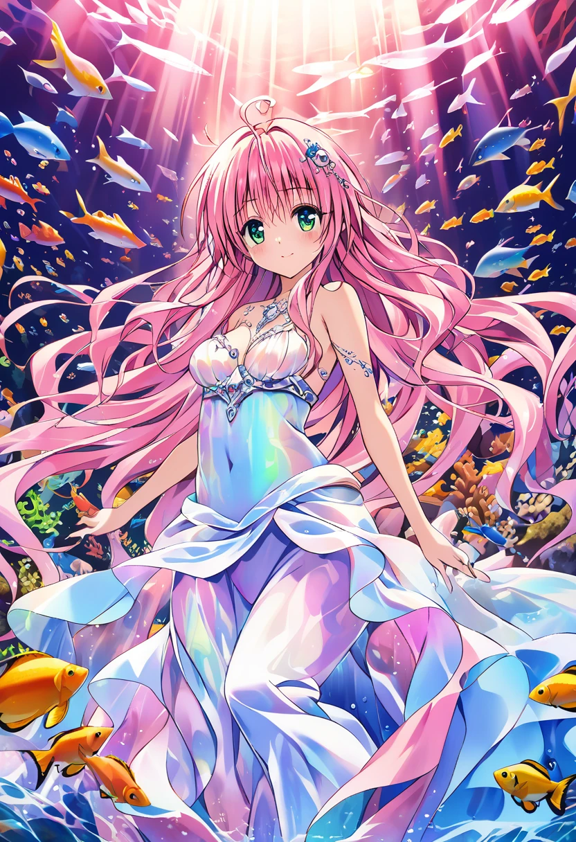 A girl named Lara Satalin Deviluke with long pink hair and green eyes, wearing a hair ornament with iridescent colors. She is an underwater princess with a flowing dress made of seaweed and coral, surrounded by colorful fish and shimmering water. The image is in the style of Yabuki Kentaro's To Love-Ru art style, aiming to be a masterpiece of the highest quality, resembling official art and a grand prix award illustration. The image should feature professional lighting and emphasize iridescent colors throughout the scene.
