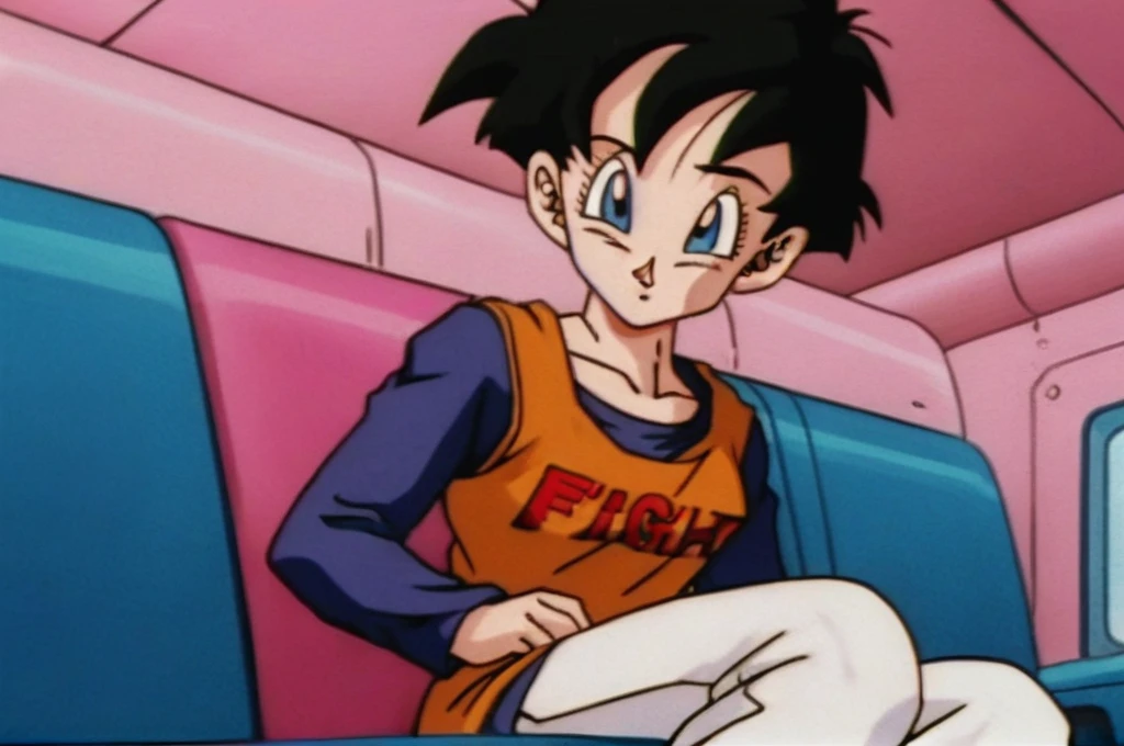 source_anime, score_9, score_8_up, score_7_up, anime screencap,8k, absurd res,
videl, 1girl, solo, looking at viewer, short hair, blue eyes, black hair, long sleeves, sitting, indoors, clothes writing, retro artstyle, 1990s \(style\), (dragon ball \(object\)), car interior, print dress, white pants, text print, hands on lap, spiked hair, orange shirt, official style, looking at another, eyelashes, dress over shirt, collarbone
 