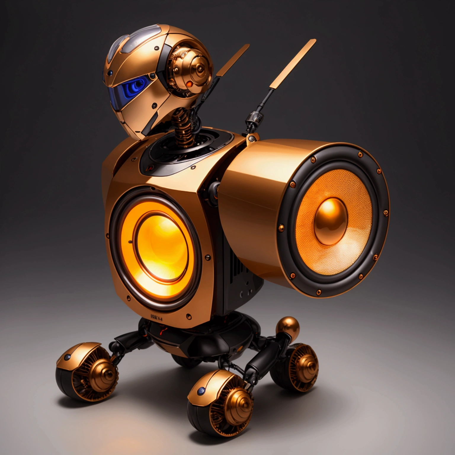 (masterpiece, best quality:1.2), A cicada-shaped robot with a large speaker on its head、Mechanical insects、Cicada、Steampunk city、evening、evening、Orange rays、