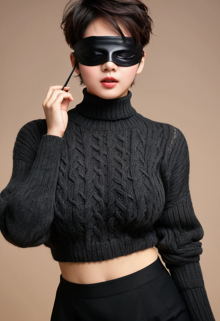 1 Japanese female,(Messy fluffy pixie cut:1.2)、8k、RAW Photos、high quality、high quality、Highly detailed photos、Eye on the details、Super detailed face、Ultra-precise reproduction of hair、Ultra-detailed body、(photography lighting:1.3)、Dark brown short hair、Good lips、Natural Makeup、 (Dark grey cable knit turtleneck sweater:1.2)、(High-quality fabric:1.3), (Slanted Eyes)、Tilting Head, (Huge breasts:1.2), Thick thighs, Thick waist, (Realistic, Photorealism: 1.37),(Full Body Shot),(High heels),(Are standing),View your viewers,(((Big black blindfold)))