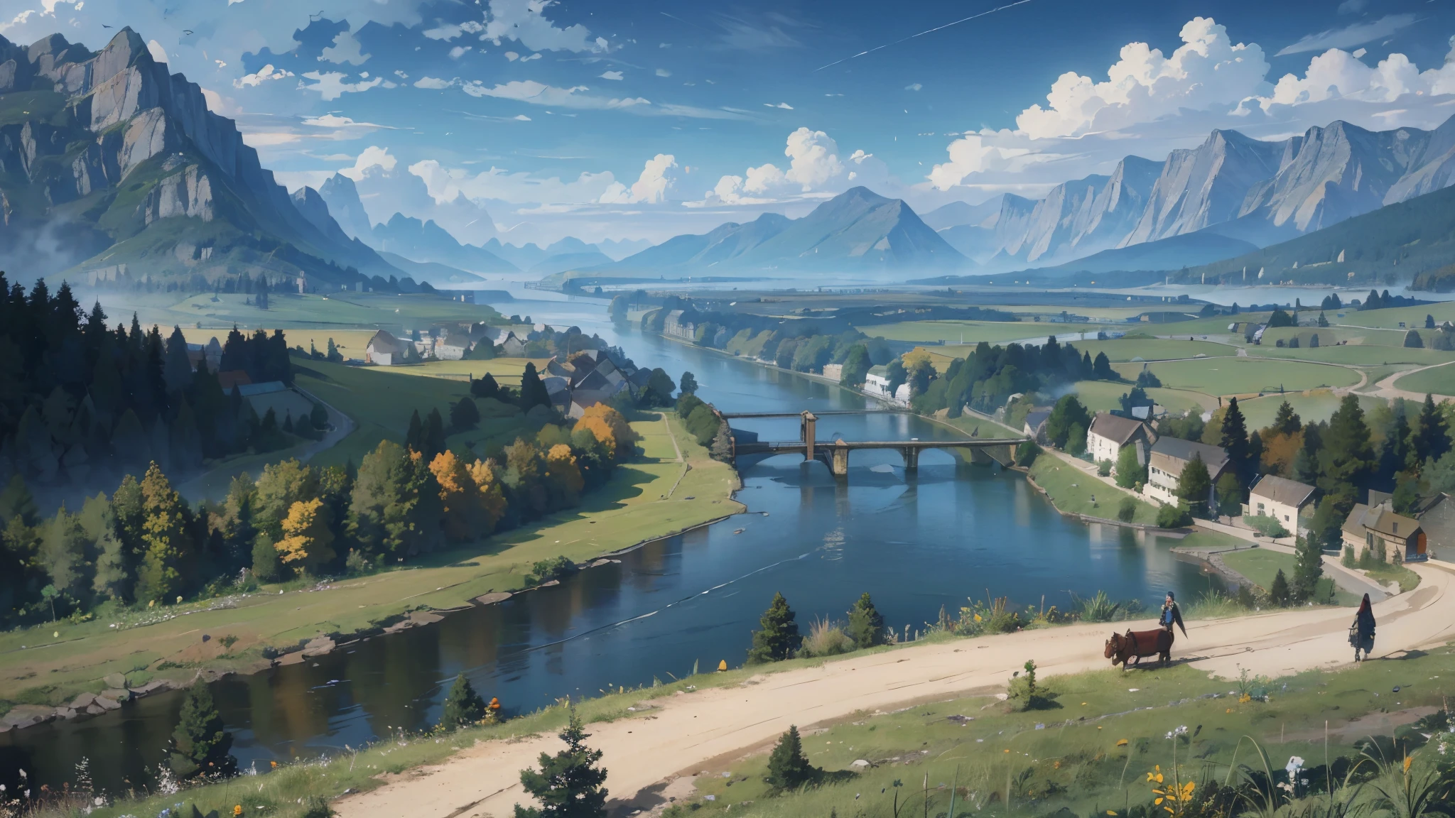 A medieval fantasy road along the river, where horse-drawn carriages and travelers come and go, a vast large forest spreads out on the other side of the river, grasslands spread out on the opposite bank, and mountains can be seen in the distance, high resolution, High definition, high quality, landscape, realistic, Blue sky, along the river, Walking trail