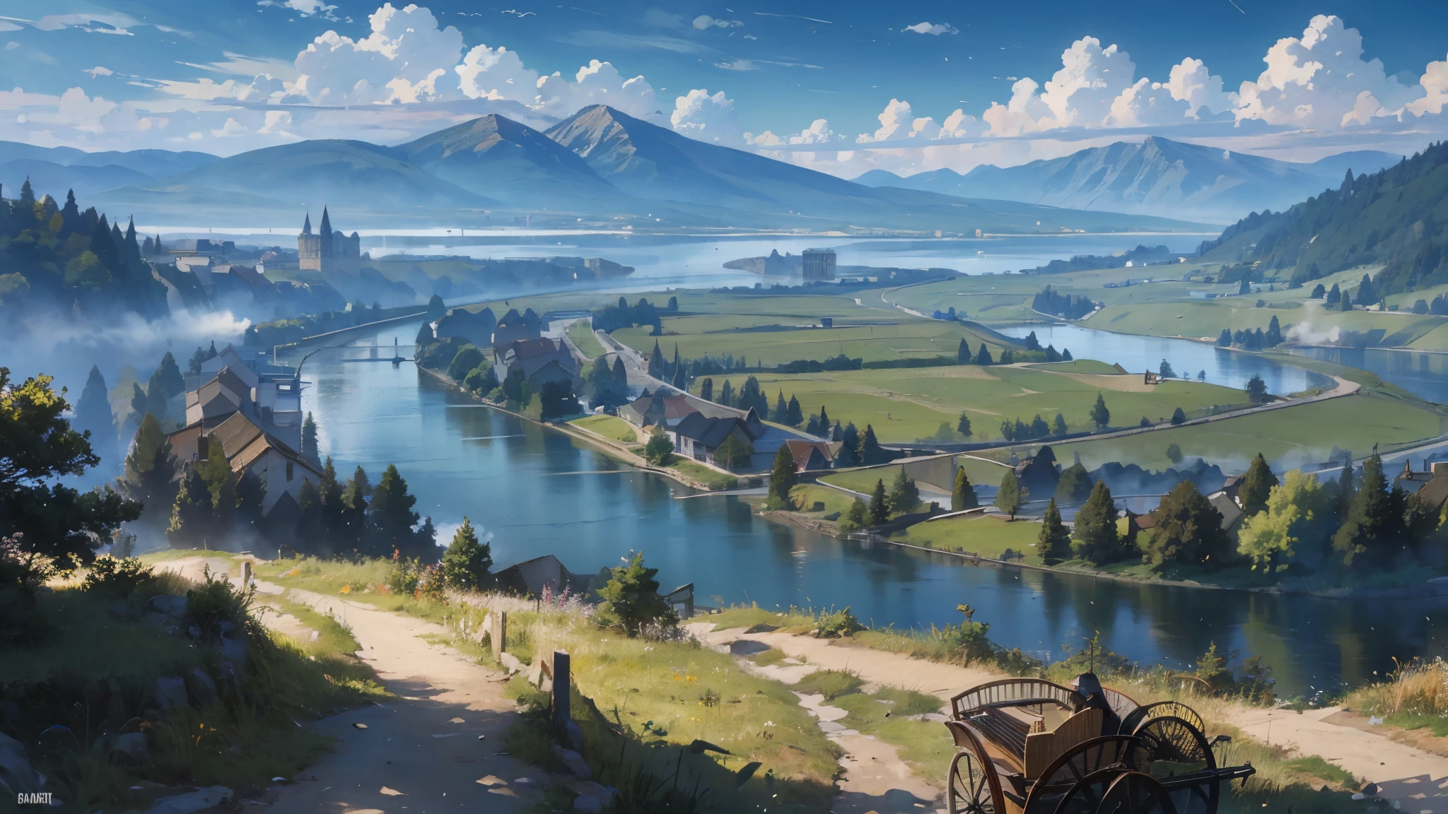 A medieval fantasy road along the river, where horse-drawn carriages and travelers come and go, a vast large forest spreads out on the other side of the river, grasslands spread out on the opposite bank, and mountains can be seen in the distance, high resolution, High definition, high quality, landscape, realistic, Blue sky, along the river, Walking trail