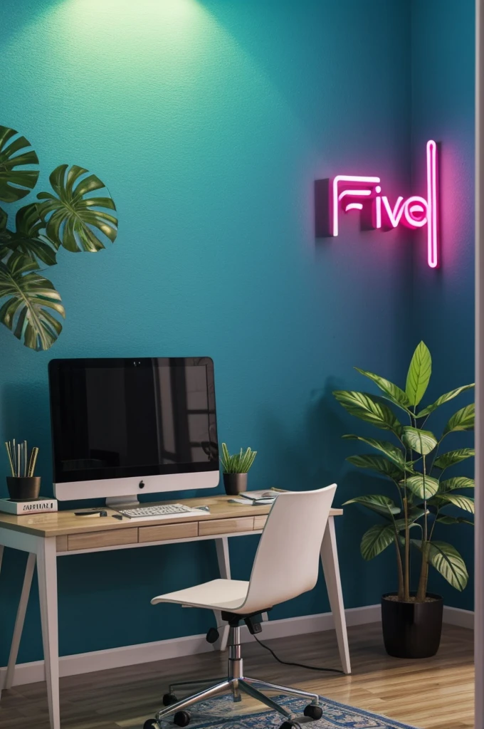 Create a cool 3D background of the living room, and write 'Fiza Faiz' with neon lights. Make sure the spelling is correct. There should be a desk and computer in the background and a plant should be included in the background. Make it realistic.