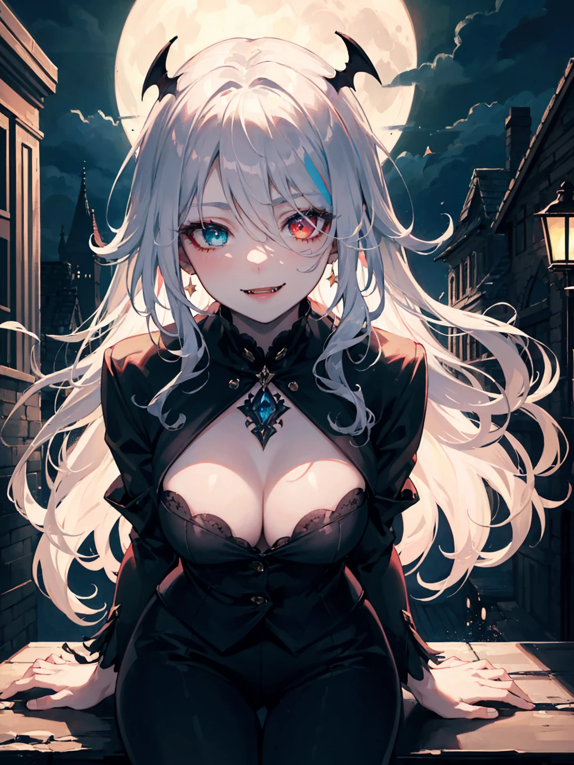 masterpiece, highest quality, (solo focus), (perfect face:1.1), (high detail:1.1),dramatic, 1girl, (pale skin), long white hair, white eyes, solo, long hair, moon, night, white luxury suit, open suit, open jacket, exposed bra, bare neck, neckless, vampire, fangs, smile, pouty lips, covered, victorian city, detailed background, gothic renaissance, cinematic lighting, detailed iris, sparkle eyes, star in eyes, enchanting red eyes, (multicolored eyes), (shining dust), (heterochromia), (messy hair:1.3), (hair between eyes), (hair over one eye), (wavy hair:1.1), perfect legs