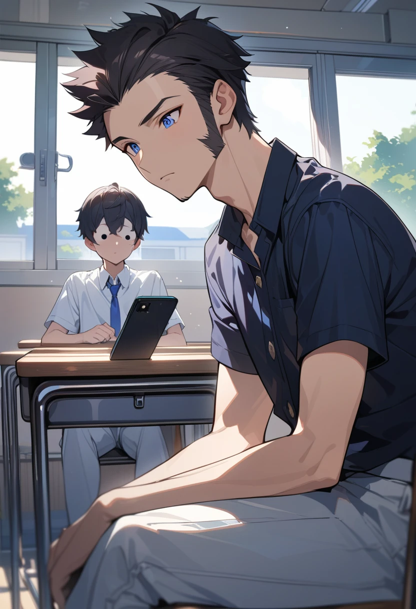 masterpiece, best quality, extremely detailed, ultra detailed, flat anime, 2D, ((1boy)),black hair, (short hair:1.5),blue eyes, height 1.7meters, (circle eyes:1.2), (young adult:1.2), Ear-length sideburns,height 1.7meters, High School Uniforms, white shirt, blue tie, ((short sleeves)), ((long pants)), sitting, closed mouth, thinking, upper body, summer, classroom, 11AM,looking at his smart phone.