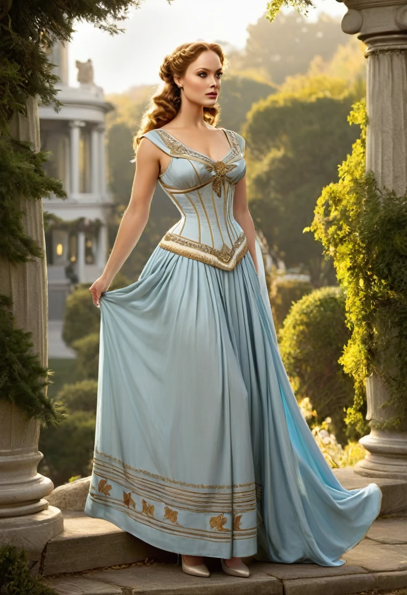 A beautiful Aristacrat goddess athena of olympius with large elegant, hawk-like-nose, who embodies old fashioned class, sophistication, elgance as well as wholesome, natural beauty. curvy, thin-waist, wide-hips, swaying-hips. Laura Vandervoort. Oppulent historically accurate victorian dress. 