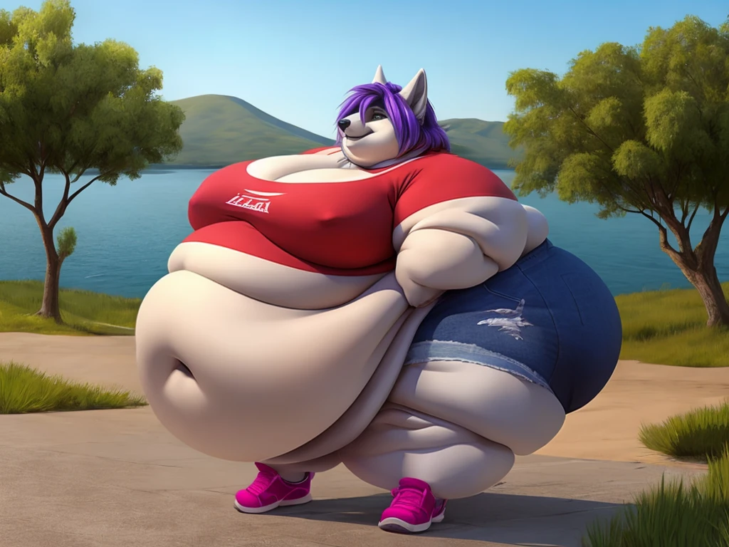 Grey wolf, female, long purple hair, huge breasts, huge hips, huge, huge belly, belly rolls, fat rolls,fat arms, fat legs, belly overhang, double chin, chubby cheeks, t-shirt, shorts, gorgeous, beautiful, eyelashes, voluptuous, plump, morbidly obese, solo,fat neck, huge belly ,shoes, outside