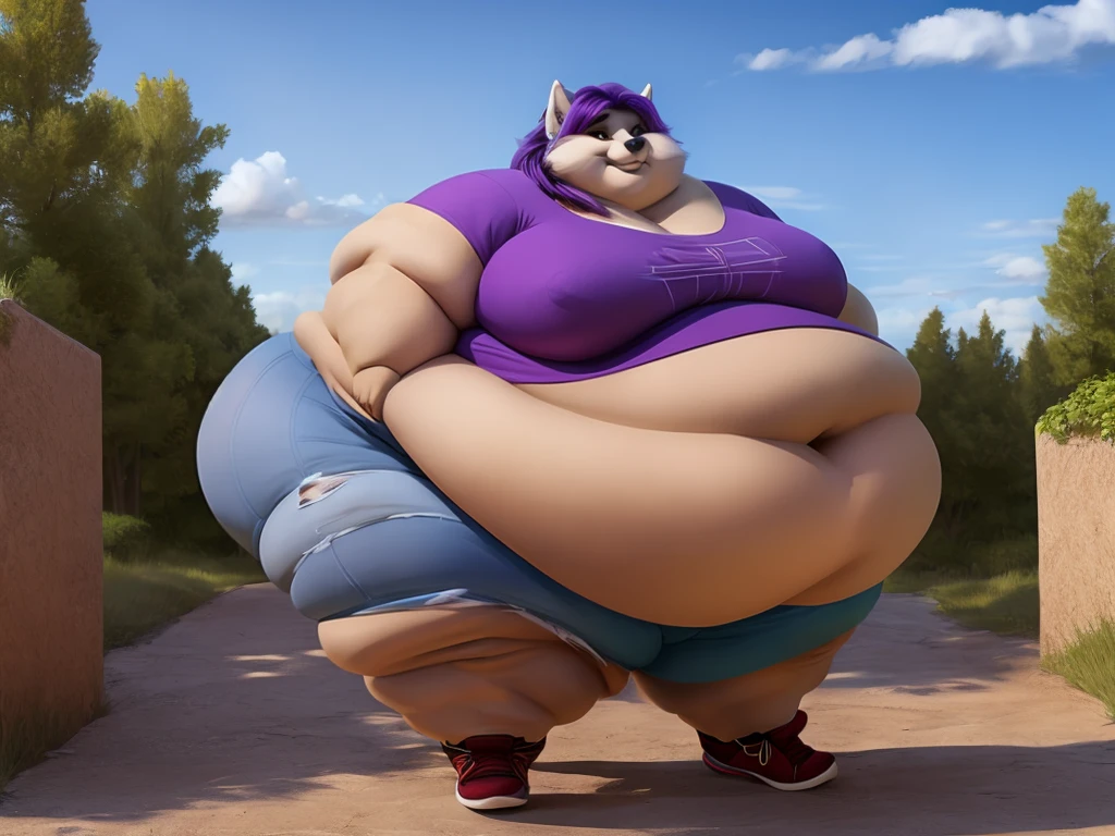 Grey wolf, female, long purple hair, huge breasts, huge hips, huge, huge belly, belly rolls, fat rolls,fat arms, fat legs, belly overhang, double chin, chubby cheeks, t-shirt, shorts, gorgeous, beautiful, eyelashes, voluptuous, plump, morbidly obese, solo,fat neck, huge belly ,shoes, outside
