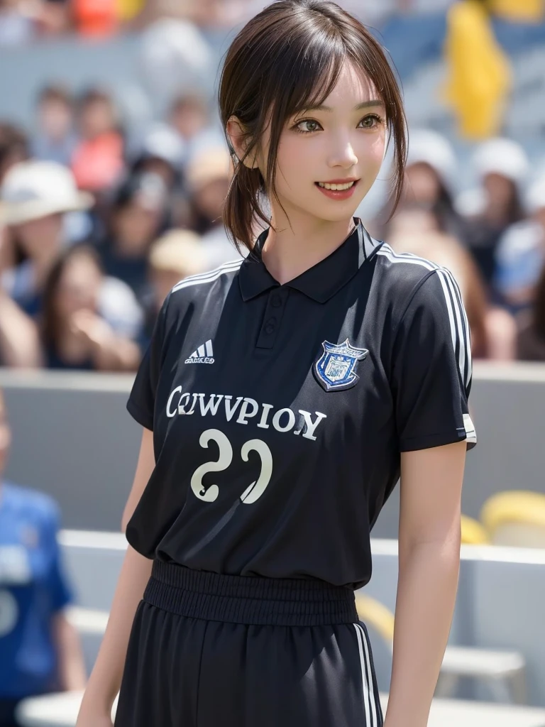 (Highest quality、8k、32K、masterpiece)、(Realistic)、(Realistic:1.2)、(High resolution)、Very detailed、Very beautiful face and eyes、(((Women's solo shots)))、Frame In、Tight waist、(Highest quality、Attention to detail、Rich skin detail)、(Highest quality、8k、Oil paints:1.2)、(Realistic、Realistic:1.37)、Bright colors、(((Cowboy Shot)))、(((Bob Hair)))、(((A happy look)))、(((Black Hair)))、(((Soccer uniforms)))、(((ブルーのSoccer uniforms)))、(((Football Stadium)))、(((Enthusiastic audience)))、(((Uniform without lines)))、Short sleeve uniform、There are no lines on the sleeves、
