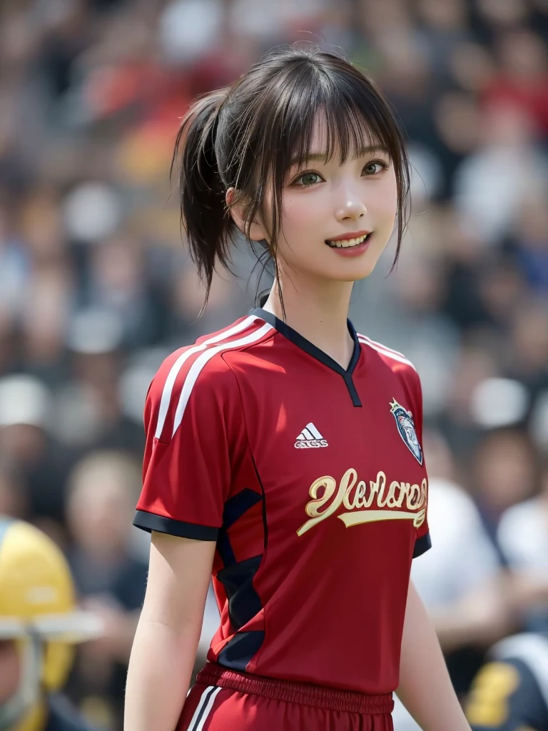 (Highest quality、8k、32K、masterpiece)、(Realistic)、(Realistic:1.2)、(High resolution)、Very detailed、Very beautiful face and eyes、(((Women's solo shots)))、Frame In、Tight waist、(Highest quality、Attention to detail、Rich skin detail)、(Highest quality、8k、Oil paints:1.2)、(Realistic、Realistic:1.37)、Bright colors、(((Cowboy Shot)))、(((Bob Hair)))、(((A happy look)))、(((Black Hair)))、(((Soccer uniforms)))、(((ブルーのSoccer uniforms)))、(((Football Stadium)))、(((Enthusiastic audience)))、(((Uniform without lines)))、Short sleeve uniform、There are no lines on the sleeves、