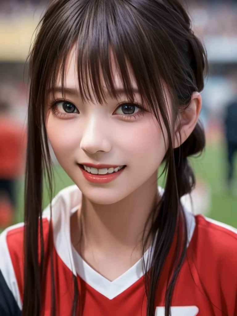 (Highest quality、8k、32K、masterpiece)、(Realistic)、(Realistic:1.2)、(High resolution)、Very detailed、Very beautiful face and eyes、(((Women's solo shots)))、Frame In、Tight waist、(Highest quality、Attention to detail、Rich skin detail)、(Highest quality、8k、Oil paints:1.2)、(Realistic、Realistic:1.37)、Bright colors、(((Cowboy Shot)))、(((Bob Hair)))、(((A happy look)))、(((Black Hair)))、(((Soccer uniforms)))、(((ブルーのSoccer uniforms)))、(((Football Stadium)))、(((Enthusiastic audience)))、(((Uniform without lines)))、Short sleeve uniform、There are no lines on the sleeves、