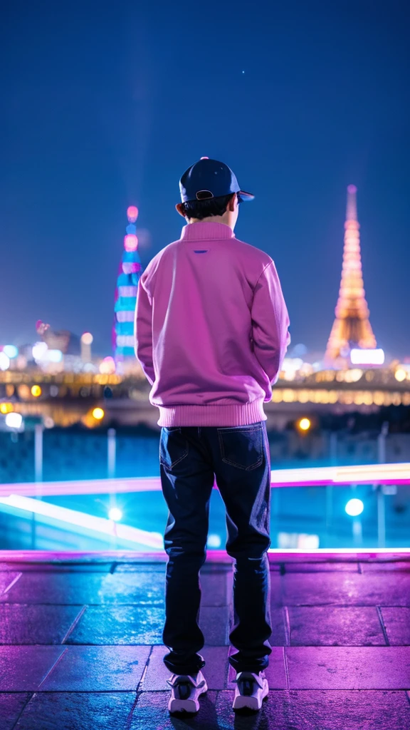 full body image, High quality, boy, Put on a cap., stand with back, The backdrop is a city of lights., Blue and pink tones, There is a lot of modernity., boyยืนมองด้วยความตื่นเต้น
