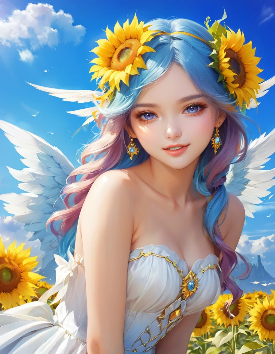 Close-up of a woman with blue hair and sunflowers, Beautiful angel, of an beautiful Angel Girl, Beautiful sunflower anime girl, Beautiful woman angel, of Beautiful angel, Beautiful fairy, beautiful Angel Girl portrait, portrait of a Beautiful angel, Angel Girl, Fantasy Beautiful, Beautiful fairyたち, Beautiful gorgeous digital art, Beautiful fantasy art portraits, Young One Angel, Beautiful digital art
