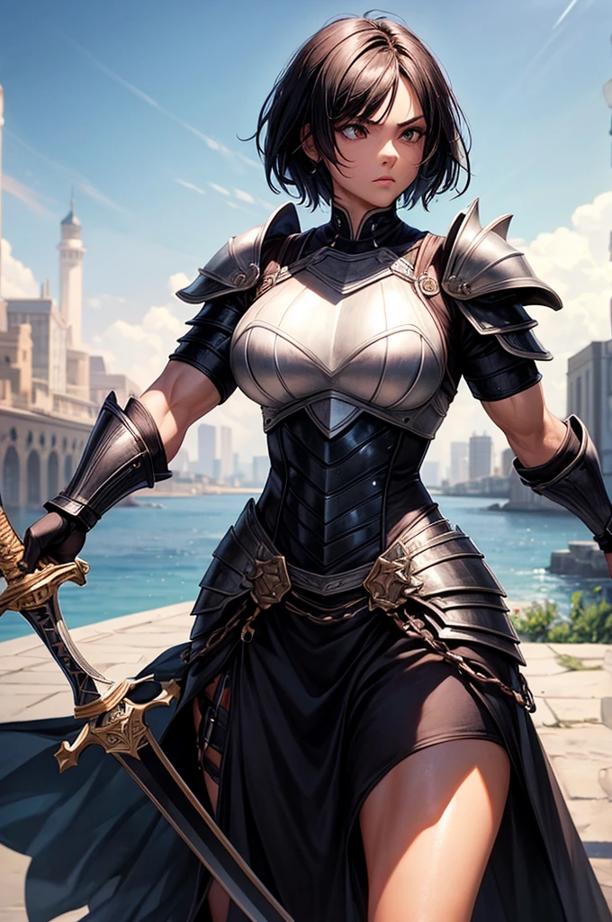(best quality, masterpiece), woman, black hair, short hair, muscular, aggressive, armor, lightskin, big sword, fully clothed