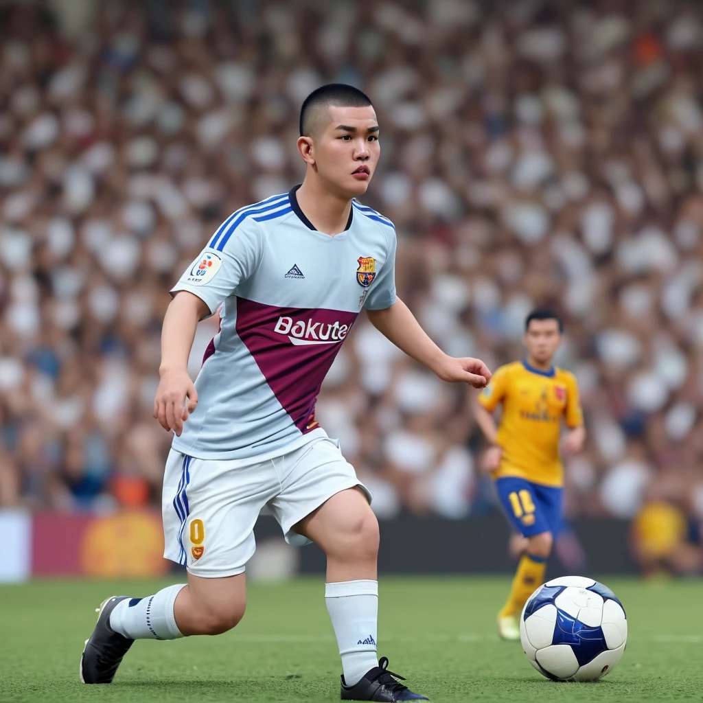 an Indonesian man, round-headed, white, handsome man, buzz cut hairstyle, dribbling a soccer ball, wearing a Barcelona jersey that says (ABOY), wearing black shoes, in a crowded soccer stadium, realistic photography, facial details, light height , zoom out, bright colors