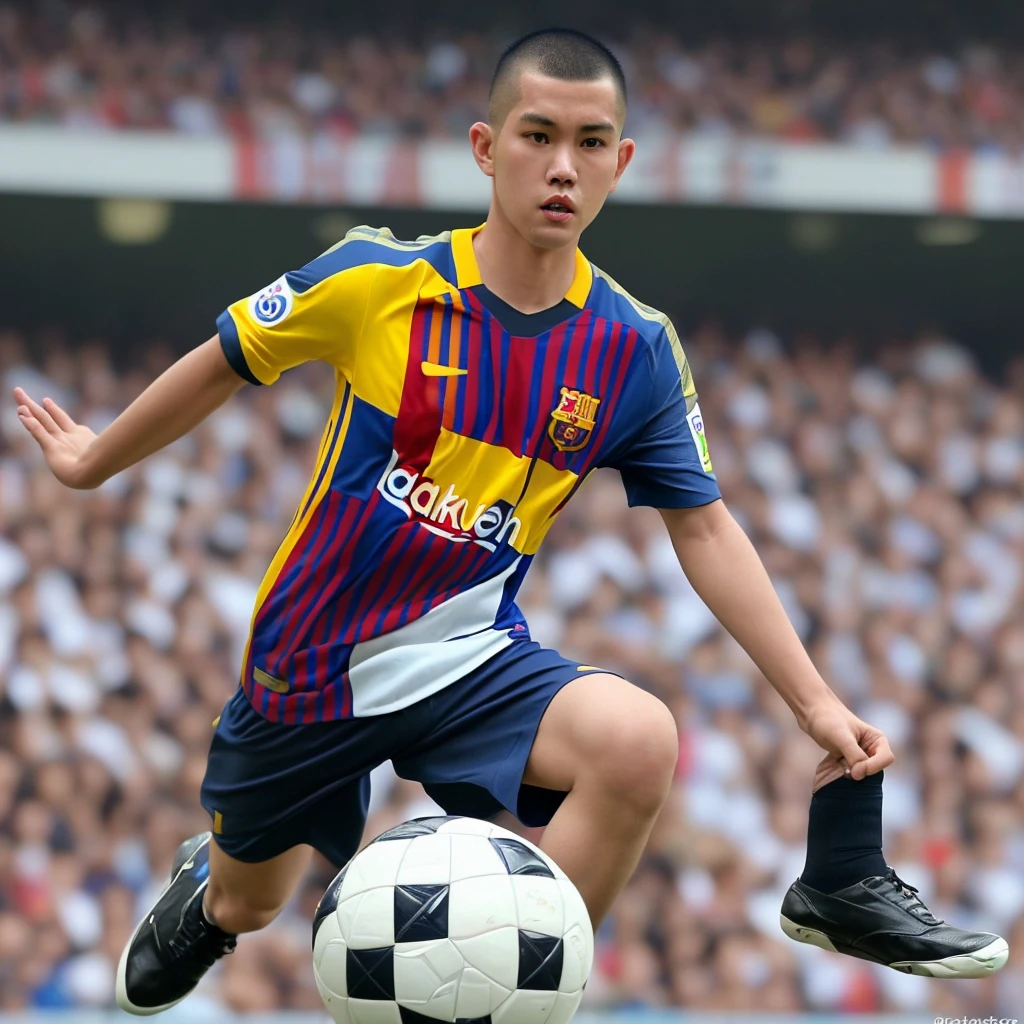 an Indonesian man, round-headed, white, handsome man, buzz cut hairstyle, dribbling a soccer ball, wearing a Barcelona jersey that says (ABOY), wearing black shoes, in a crowded soccer stadium, realistic photography, facial details, light height , zoom out, bright colors