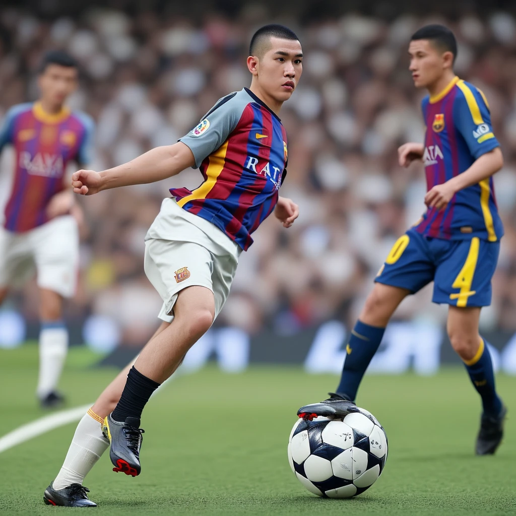 an Indonesian man, round-headed, white, handsome man, buzz cut hairstyle, dribbling a soccer ball, wearing a Barcelona jersey that says (ABOY), wearing black shoes, in a crowded soccer stadium, realistic photography, facial details, light height , zoom out, bright colors
