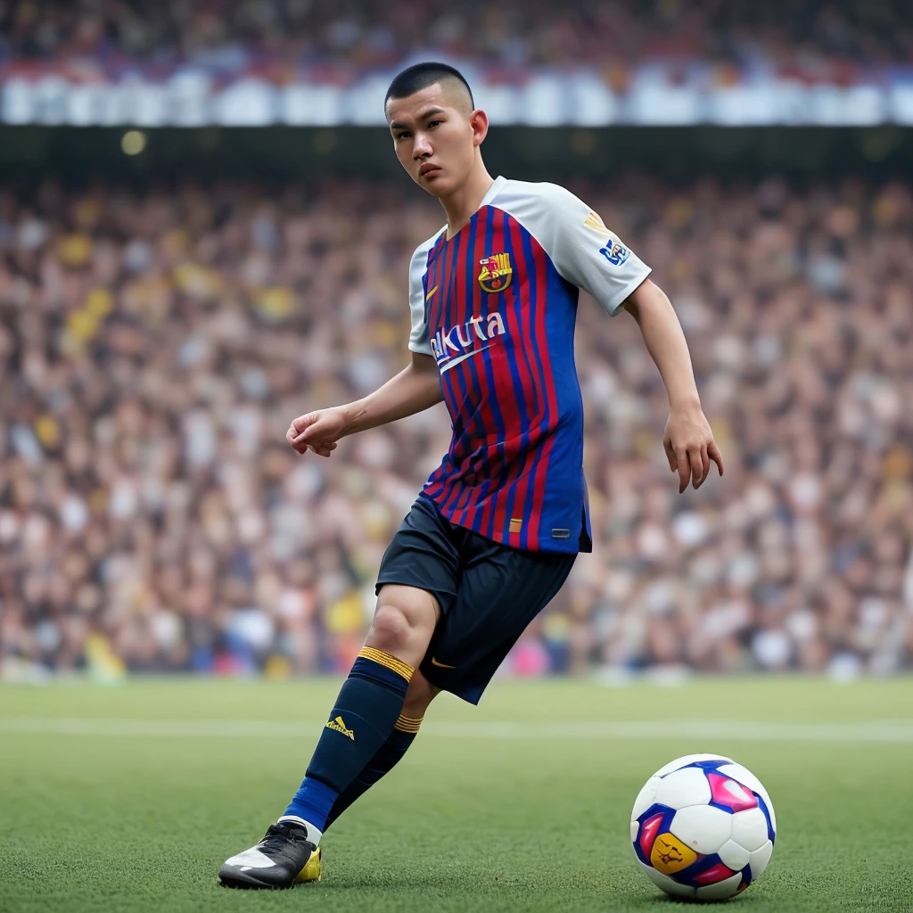 an Indonesian man, round-headed, white, handsome man, buzz cut hairstyle, dribbling a soccer ball, wearing a Barcelona jersey that says (ABOY), wearing black shoes, in a crowded soccer stadium, realistic photography, facial details, light height , zoom out, bright colors