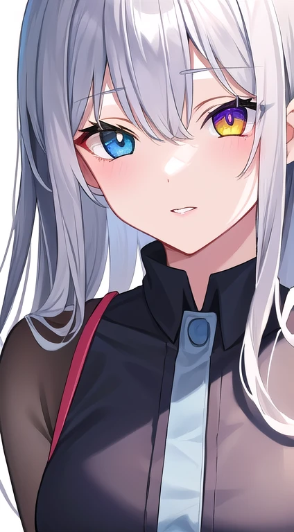 (Disheveled silver hair:1.1) (Heterochromia yellow eyes and blue eyes:1.2) (Colored stars in my eyes:1.0) (Shining Light:1.1) (Big Lips:0.9) Full body portrait　Female, 20 years old