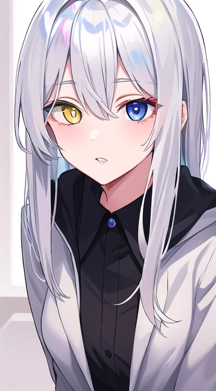 (Disheveled silver hair:1.1) (Heterochromia yellow eyes and blue eyes:1.2) (Colored stars in my eyes:1.0) (Shining Light:1.1) (Big Lips:0.9) Full body portrait Female, 20 years old