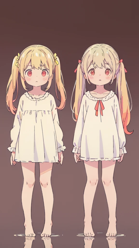 ((masterpiece))((Highest quality))girl、Confused eyes、blush、Flat Chest、Are thin、Blonde Hair、blush、Are standing、Whole body image、Eye level on face、、No background、Hair is two colors、Twin tails、Red Eyes、Two-tone red and yellow hair、Whole body image、Reflected to the toes