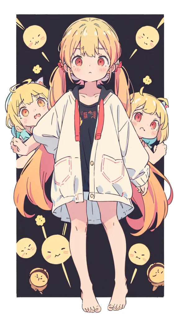 ((masterpiece))((Highest quality))girl、Confused eyes、blush、Flat Chest、Are thin、Blonde Hair、blush、Are standing、Whole body image、Eye level on face、、No background、Hair is two colors、Twin tails、Red Eyes、Two-tone red and yellow hair、Whole body image、Reflected to the toes
