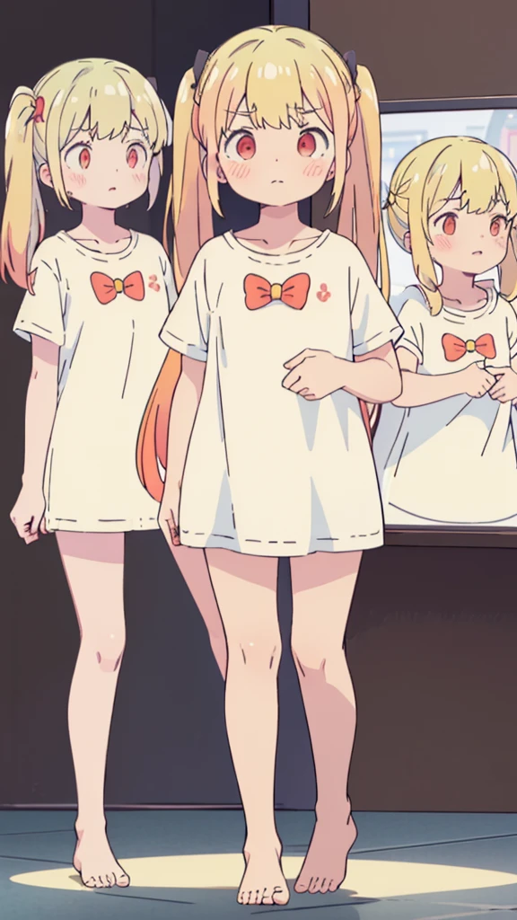 ((masterpiece))((Highest quality))girl、Confused eyes、blush、Flat Chest、Are thin、Blonde Hair、blush、Are standing、Whole body image、Eye level on face、、No background、Hair is two colors、Twin tails、Red Eyes、Two-tone red and yellow hair、Whole body image、Reflected to the toes
