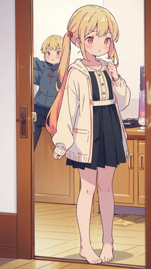 ((masterpiece))((Highest quality))girl、Confused eyes、blush、Flat Chest、Are thin、Blonde Hair、blush、Are standing、Whole body image、Eye level on face、、No background、Hair is two colors、Twin tails、Red Eyes、Two-tone red and yellow hair、Whole body image、Reflected to the toes