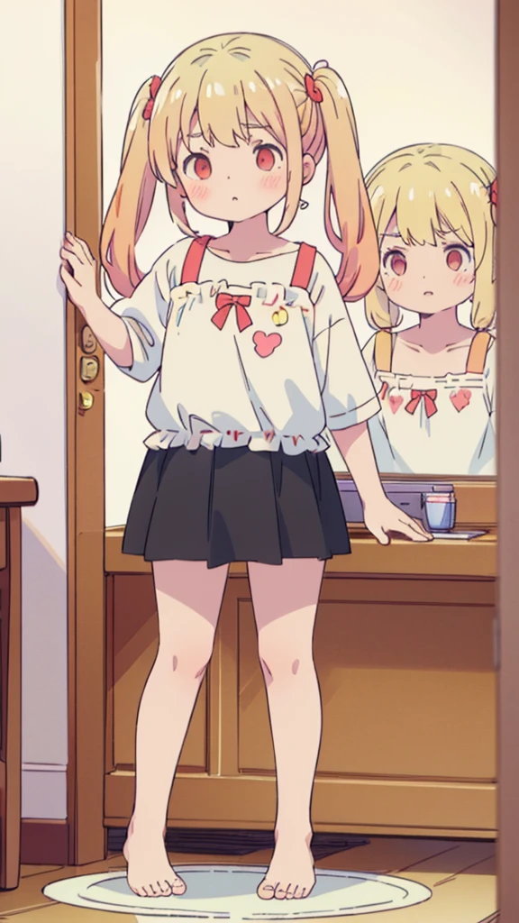 ((masterpiece))((Highest quality))girl、Confused eyes、blush、Flat Chest、Are thin、Blonde Hair、blush、Are standing、Whole body image、Eye level on face、、No background、Hair is two colors、Twin tails、Red Eyes、Two-tone red and yellow hair、Whole body image、Reflected to the toes