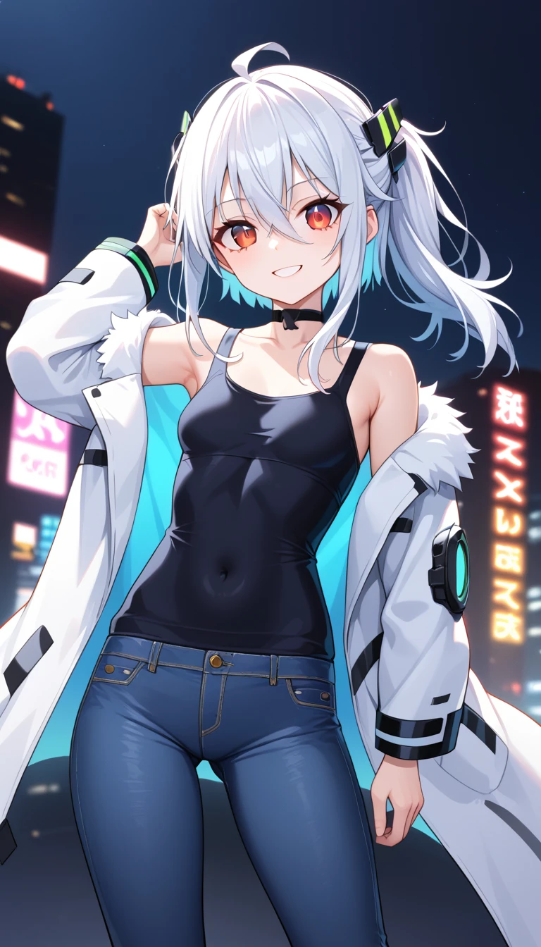 1girl, , slim, small breasts, white hair, hairs between eyes, shoulder length hair, pale skin, bright red eye, white duffle coat and long-sleeve black sweater, open jacket, jeans, gold pocket watches hanging from the neck, BREAK kawaii, smile, cowboy shot, pose, cyberpunk, night city, neon light, light particle, BREAK smooth skin, cinematic lighting, volumetric shadow, BREAK score_9, score_8_up, score_7_up,