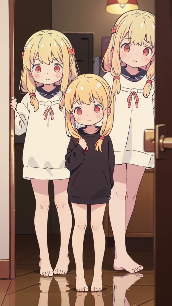 ((masterpiece))((Highest quality))girl、Confused eyes、blush、Flat Chest、Are thin、Blonde Hair、blush、Are standing、Whole body image、Eye level on face、、No background、Hair is two colors、Twin tails、Red Eyes、Two-tone red and yellow hair、Whole body image、Reflected to the toes