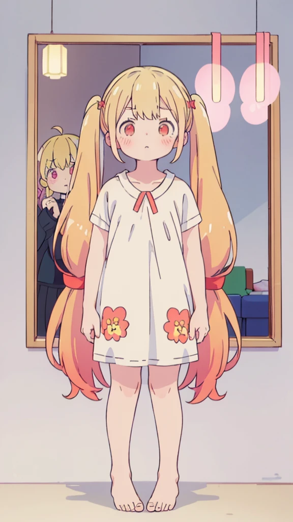 ((masterpiece))((Highest quality))girl、Confused eyes、blush、Flat Chest、Are thin、Blonde Hair、blush、Are standing、Whole body image、Eye level on face、、No background、Hair is two colors、Twin tails、Red Eyes、Two-tone red and yellow hair、Whole body image、Reflected to the toes