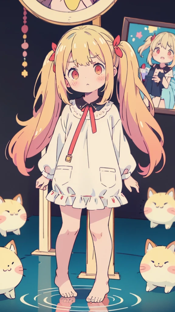 ((masterpiece))((Highest quality))girl、Confused eyes、blush、Flat Chest、Are thin、Blonde Hair、blush、Are standing、Whole body image、Eye level on face、、No background、Hair is two colors、Twin tails、Red Eyes、Two-tone red and yellow hair、Whole body image、Reflected to the toes