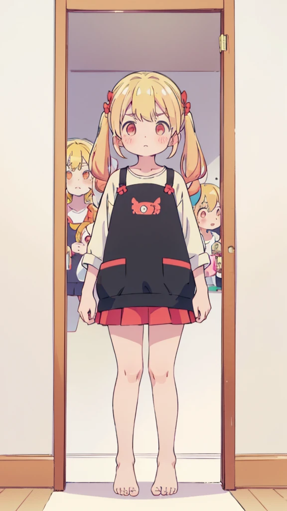 ((masterpiece))((Highest quality))girl、Confused eyes、blush、Flat Chest、Are thin、Blonde Hair、blush、Are standing、Whole body image、Eye level on face、、No background、Hair is two colors、Twin tails、Red Eyes、Two-tone red and yellow hair、Whole body image、Reflected to the toes