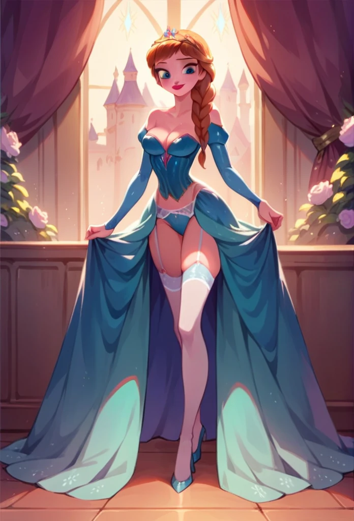 Princess Anna (Frozen) , big , garter belt, deep cleavage, wearing a gown, standing on a castle hall