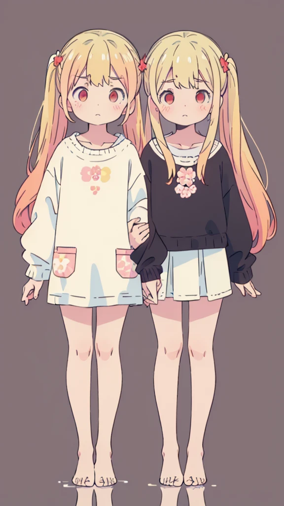 ((masterpiece))((Highest quality))girl、Confused eyes、blush、Flat Chest、Are thin、Blonde Hair、blush、Are standing、Whole body image、Eye level on face、、No background、Hair is two colors、Twin tails、Red Eyes、Two-tone red and yellow hair、Whole body image、Reflected to the toes