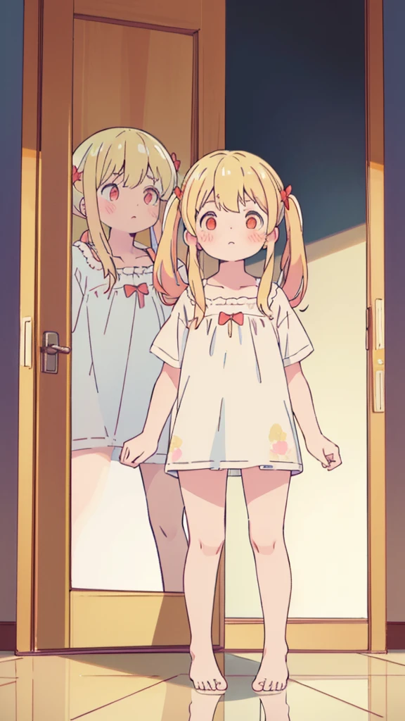 ((masterpiece))((Highest quality))girl、Confused eyes、blush、Flat Chest、Are thin、Blonde Hair、blush、Are standing、Whole body image、Eye level on face、、No background、Hair is two colors、Twin tails、Red Eyes、Two-tone red and yellow hair、Whole body image、Reflected to the toes