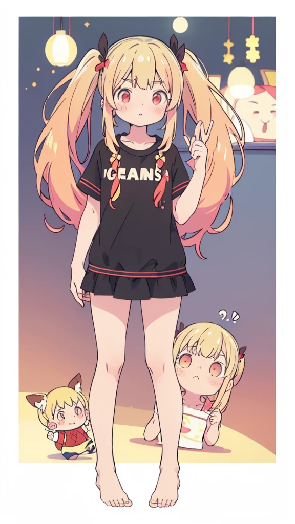 ((masterpiece))((Highest quality))girl、Confused eyes、blush、Flat Chest、Are thin、Blonde Hair、blush、Are standing、Whole body image、Eye level on face、、No background、Hair is two colors、Twin tails、Red Eyes、Two-tone red and yellow hair、Whole body image、Reflected to the toes