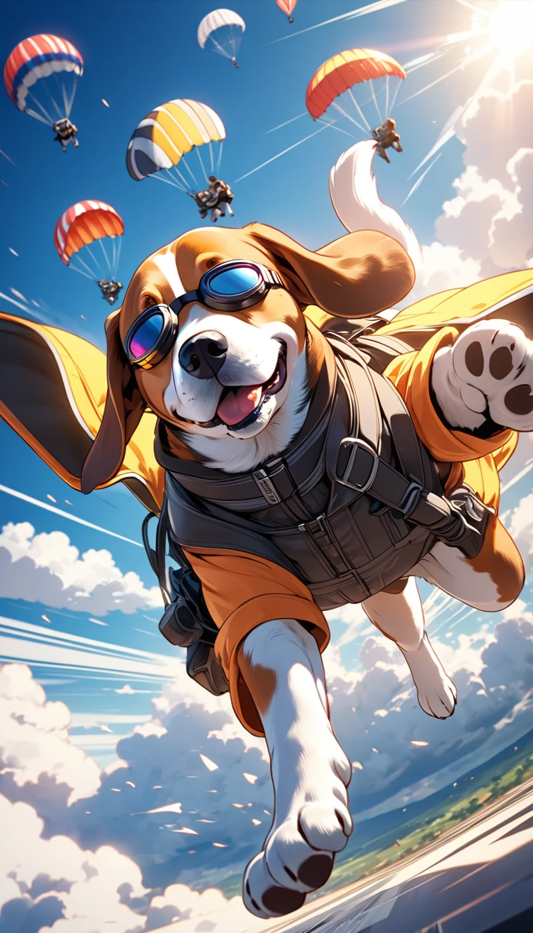 (Super illustration style:1.5),best quality,Best Animated Film,masterpiece,Ray Tracing, Global Illumination,Beagle wearing goggles and jacket flying in the sky, parachute, High-speed fall,Blue sky、Clouds and sun, Speed Lines, dynamic motion blur, Cinema Lighting, Dynamic action scenes