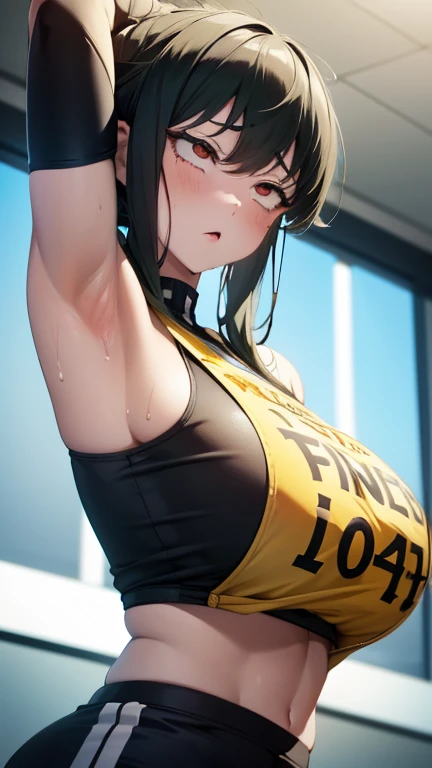 a close up of a person wearing a basketball uniform, a picture, inspired by Kentaro Miura, trending on pixiv, Yor Forger, Spy x Family, wearing yellow nba jersey, yellow croptop nba jersey, wearing a low cut croptop, wearing croptop, croptop, the words "Lakers" written on the croptop, golden raito, (winking), shirobako, large)}], favorite scene, fine details. anime. skins, sweating, big breasts, both hands raised, armpits, armpits visible, dripping with sweat, more more sweat, sweaty armpits, sudando mucho, pechos very more breast, ropa pegajosa, toda sudada, very very more breast, very very more breast, menos ropa, very more sudor, menos ropa, sudor exagerado y mucho más pechos, very mostró breast, very very breast, very more breast expensive, very more expendive, ver very more expensive