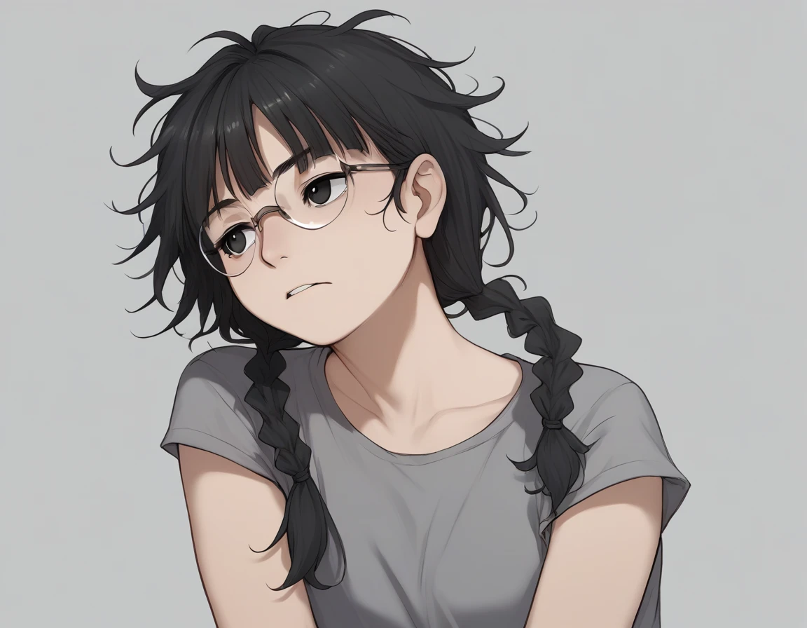 score_9, score_8_up, score_7_up, score_6_up, score_5_up, score_4_up, source_anime, BREAK,1girl, thick, (PETITE:0.7),WIDE THIGHS, BLACK HAIR, MESSY HAIR,OTSMiyoshi ,black hair,twin braids,black eyes,eyewear,
