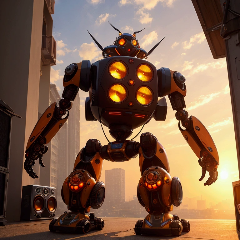 (masterpiece, best quality:1.2), A cicada-shaped robot with a large speaker on its head、Mechanical insects、Cicada、Steampunk city、evening、evening、Orange rays、