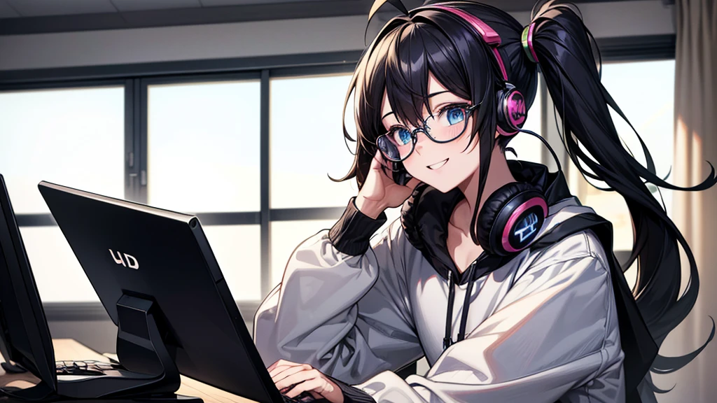 ((UHD, super detail, best quality, highres)),black hair, ahoge, hair over shoulder, twintails, hair bobbles, headphones, bespectacled, blue eyes, smile, (headphones), anime, anime style,He is in his room listening to music and studying.