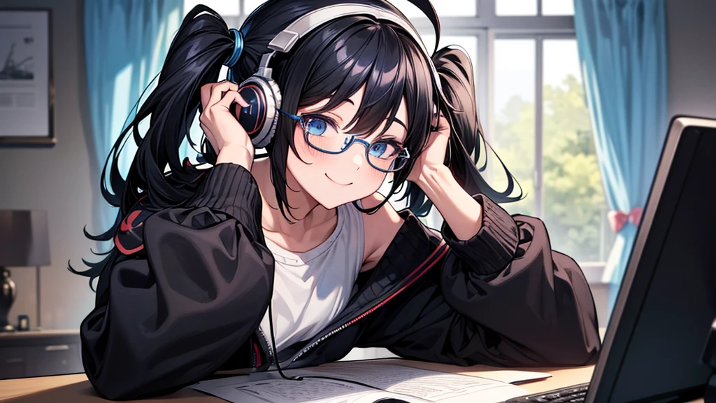 ((UHD, super detail, best quality, highres)),black hair, ahoge, hair over shoulder, twintails, hair bobbles, headphones, bespectacled, blue eyes, smile, (headphones), anime, anime style,He is in his room listening to music and studying.