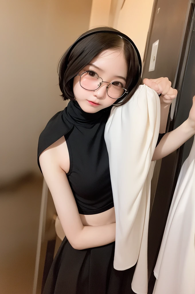 (masterpiece, Highest quality, It captures a very cute moment, Depth of written boundary, Super detailed, Ultra-high resolution, C4D, Octadale, 3D Modeling,Realistic human photos、 8k, 16K, One Girl,, 15 years old、Small breasts,Black Hair,short hair,Straight Hair,Light brown eyes,White headband,Wearing black glasses,Cute Face), Bloomers, Black tank top, zettai ryouiki, Wet clothes,Classroom Nights,Moonlight, Good elevator, Take off、Real-life skin、Not an anime、Realistic、