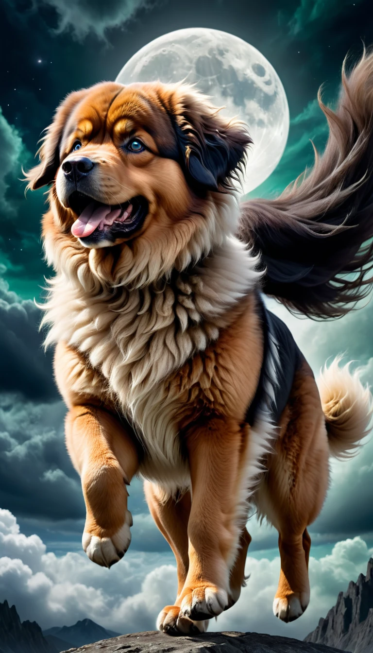 (masterpiece; best quality, highres, 8k, ultra detailed) score_9, score_8_up, score_7_up, cute tibetan mastiff, long fur, wavy tail, happy expression, looking down, blue-green eyes, black-brown fur, portrait, photoshoot, (BREAKflying to the moon, dark night, dark clouds, flying stance(flying:1.6) ) a long bone in his mouth, below view, side view, fantasy art, epic scenery, UHD, dramatic photoart, digitally manipulated, cinematic motion.