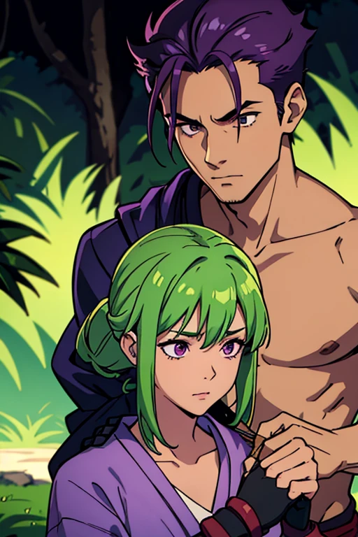 A tan-skinned, purple-haired samurai woman tending to the wounds of a green-haired, fair-skinned necromancer man 