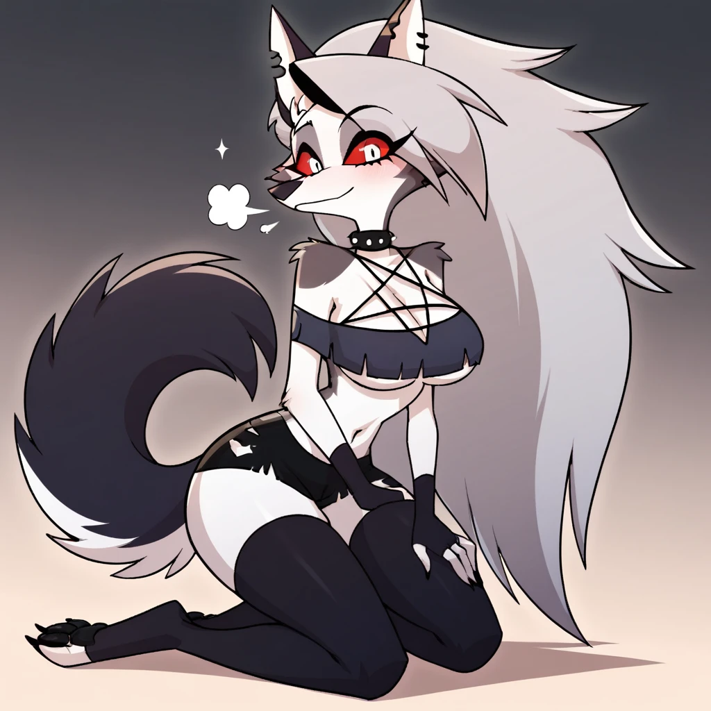 score_9, score_8_up, BREAK, source_anime, (1girl, solo), uncensored, perfect body, slim, thigh highs, fingerless gloves,
anthro, furry, pose, sexy, On his knees, slim, large breasts, bikini top, tall, underboob, middle thighs, (blushes 1.5), steam, bare feet, bare legs, very strong abs, high, black tango panties, transparent top, side view,
Loona \(Helluva Boss\),